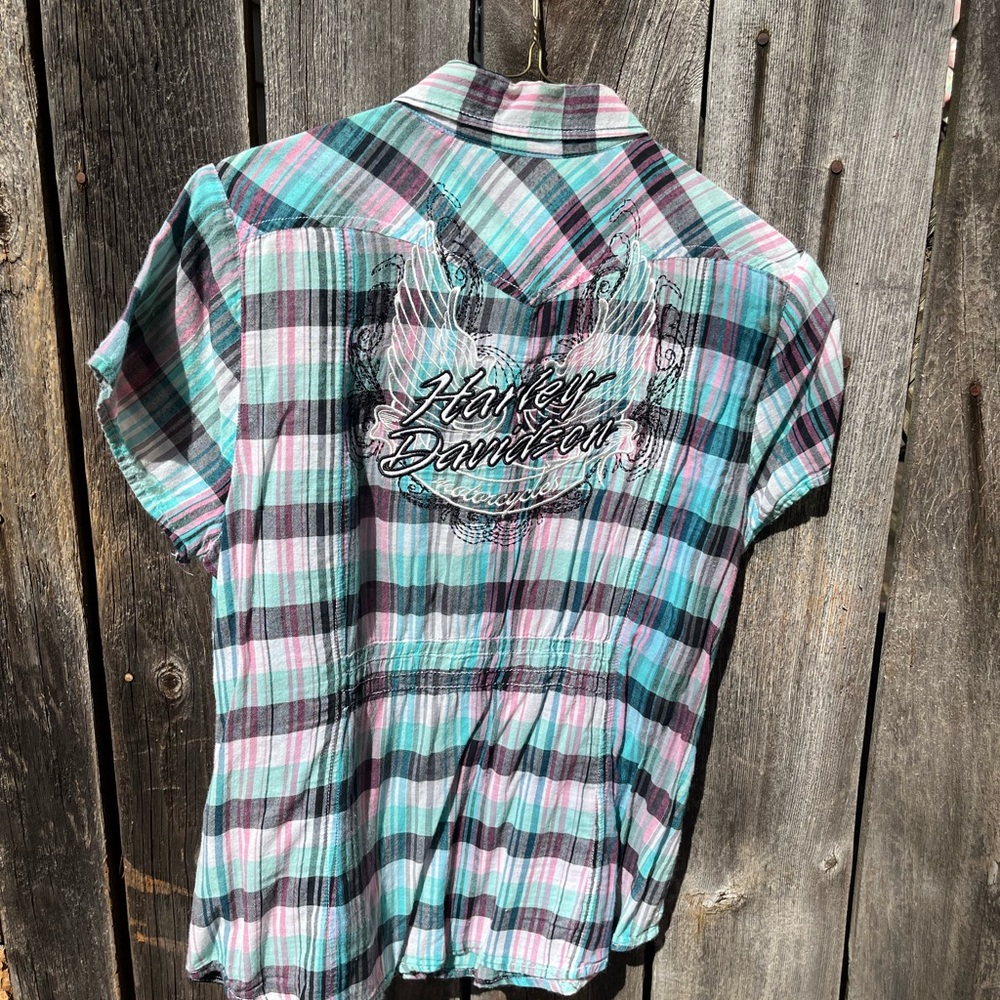 Harley-Davidson Teal Black Pink Plaid Short-Sleeve Button-Down Shirt